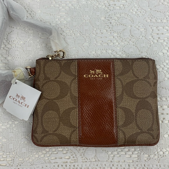 Coach Signature C Leather Wristlet Bag Khaki Saddle Gold Zipper Lined New tags - Picture 1 of 12
